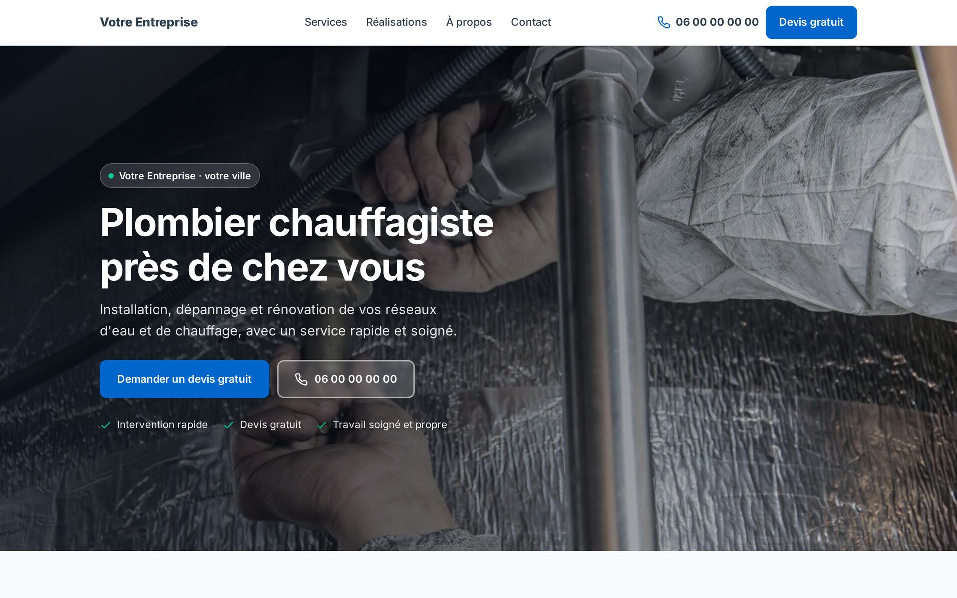 Exemple de site d'artisan sur ordinateur : titre, présentation et bouton de demande de devis