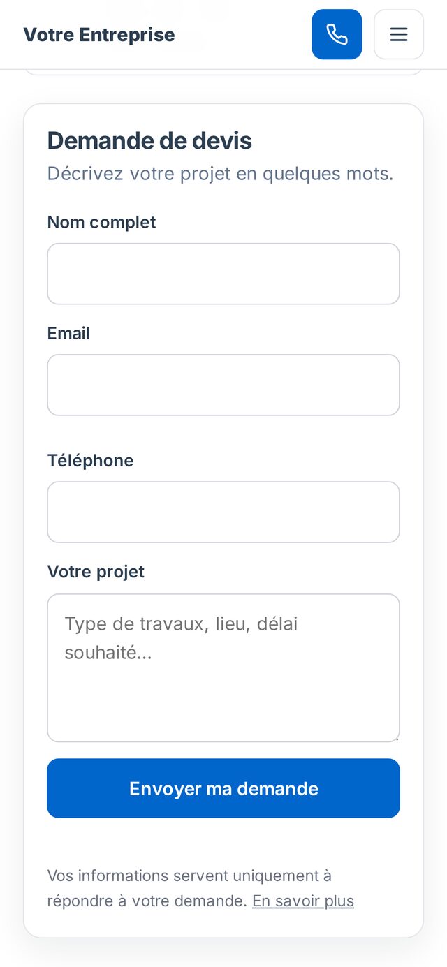 Le même site sur téléphone : le formulaire de demande de devis